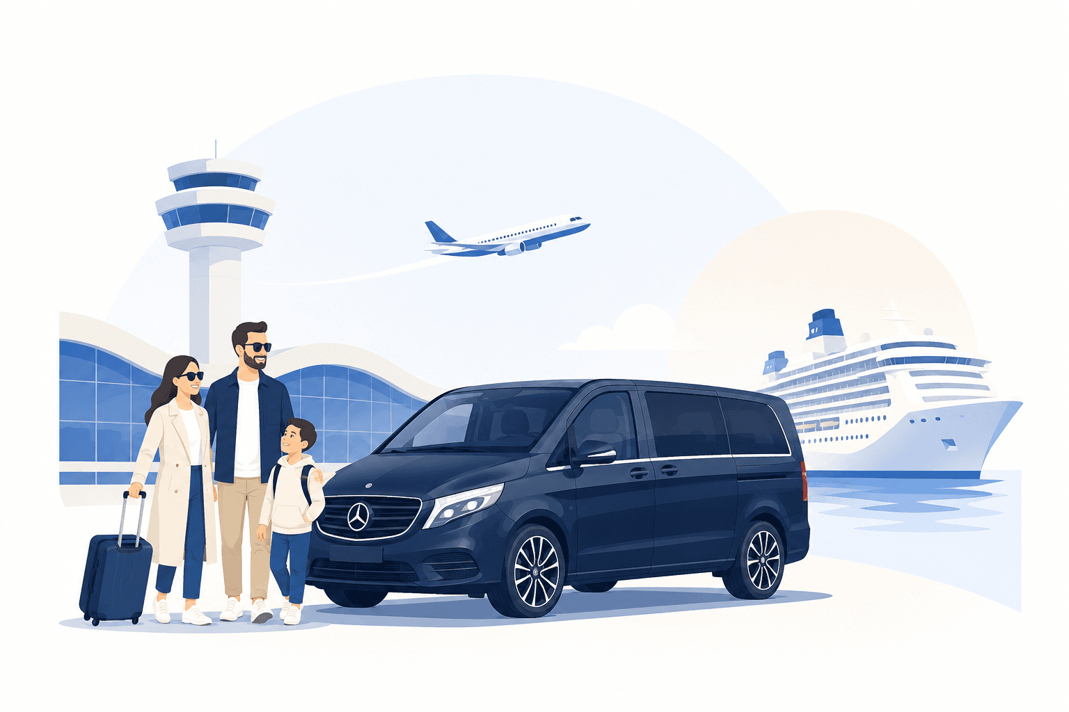 A family with luggage being met by their RideWise vehicle for a fixed-price airport and cruise transfer