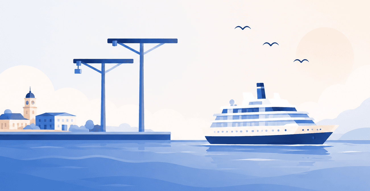 An illustration of Southampton's waterfront: dockside cranes, a clock tower, and a cruise ship arriving at the quay